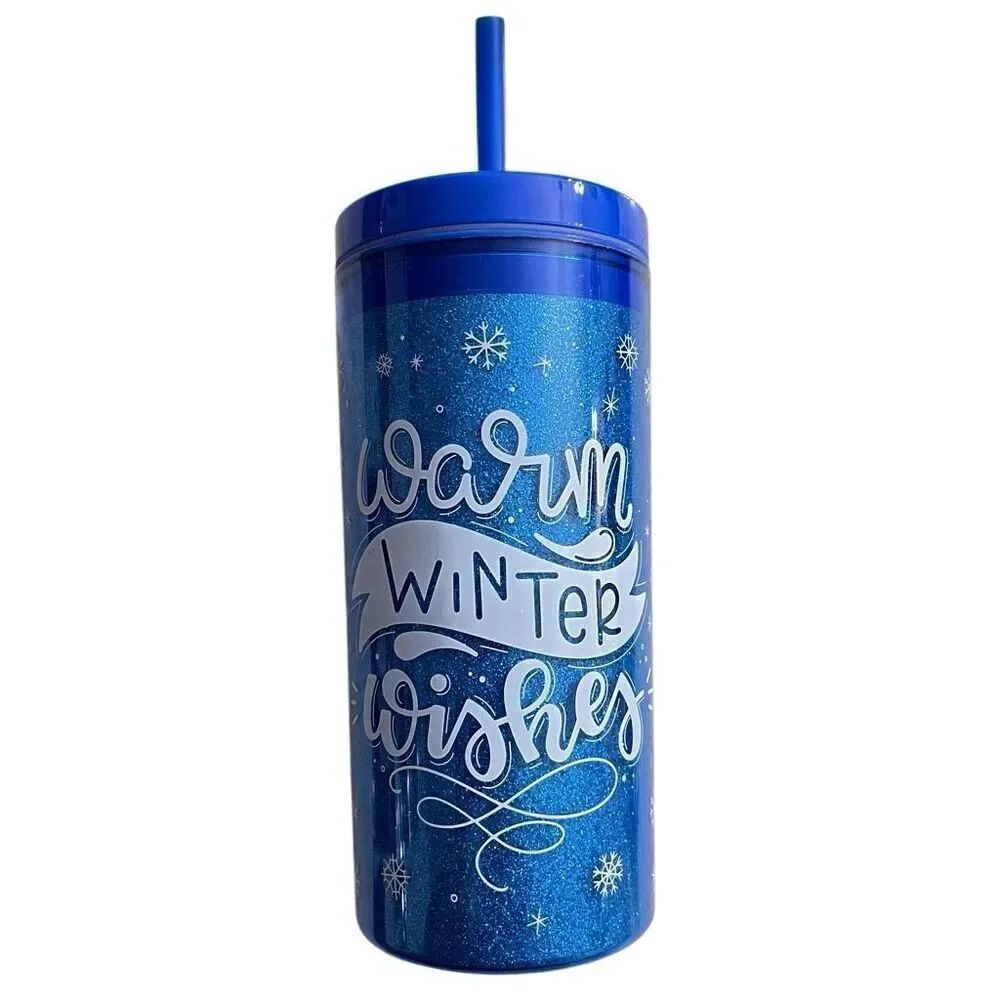 “Warm Winter Wishes” Blue 16oz Double Wall Holiday Tumbler with Straw